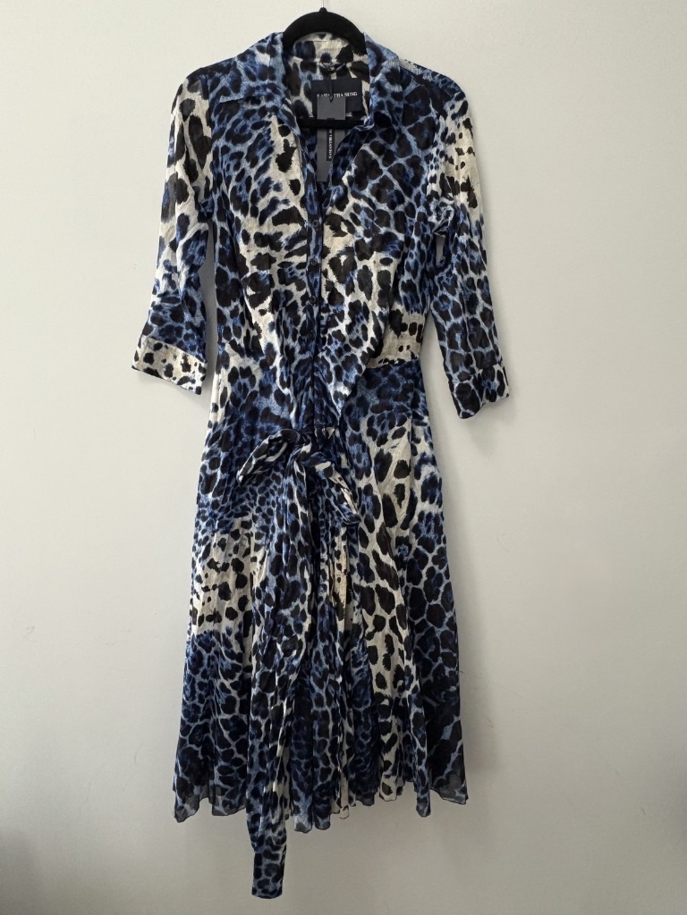 Samantha Sung Olivia Midi Shirt Dress 3/4 Sleeve Colombo Leopard Blue 100 Cotton